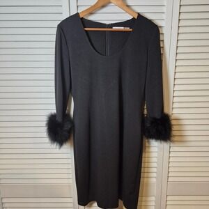 Calvin Klein Dress 10 Black Feather Cuffs Glam LBD Evening Cocktail Glam Holiday